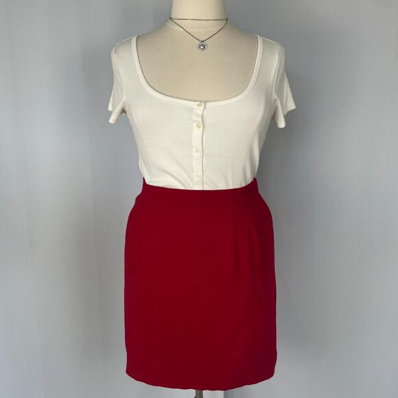 Vintage Mini Skirt Size 18W Red Solid Short Mini Worsted Wool Preppy Minimal 90s - Picture 2 of 11